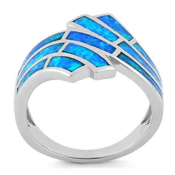 925 STERLING SILVER Lab Created Blue Fire Opal Wave Ring - Picture 14 of 16